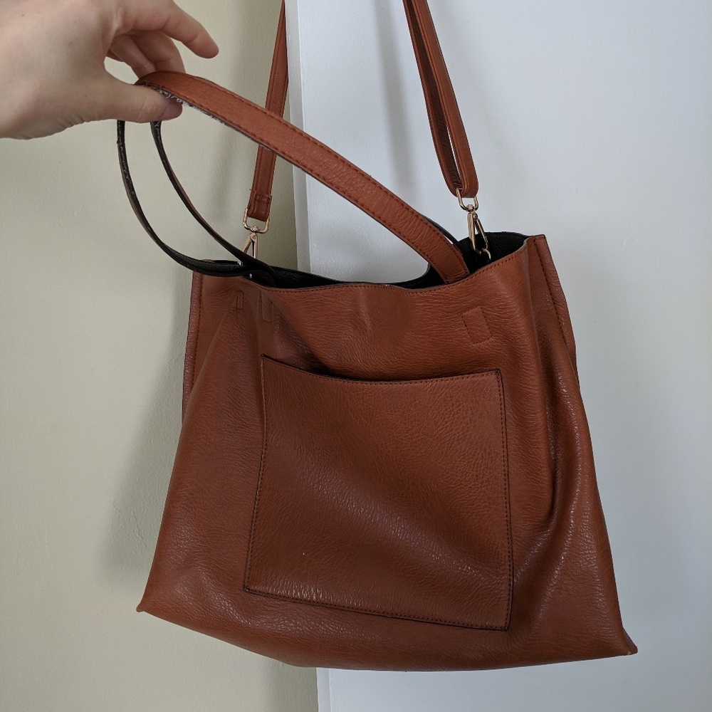 Reversible faux-leather tote with detachable strap